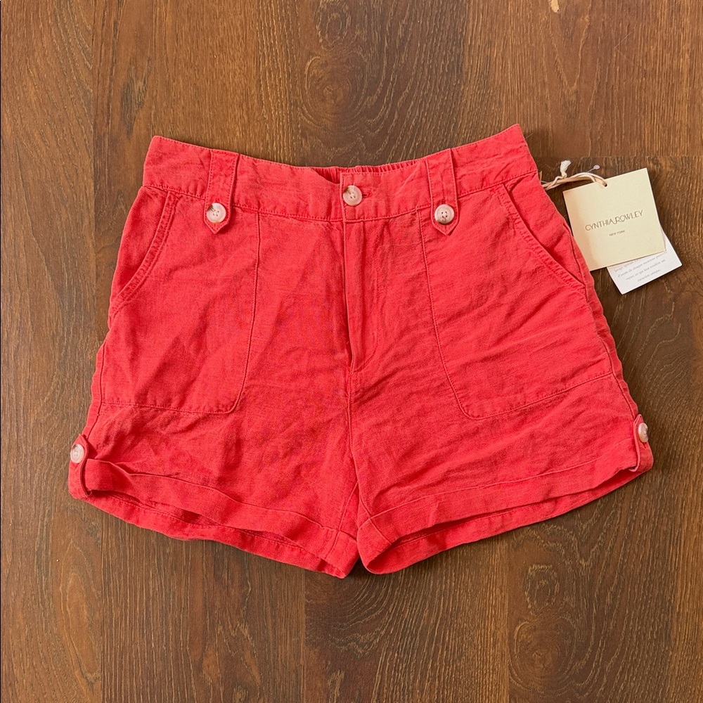 Cynthia Rowley Bright Red Linen-Blend Button Pocket Shorts